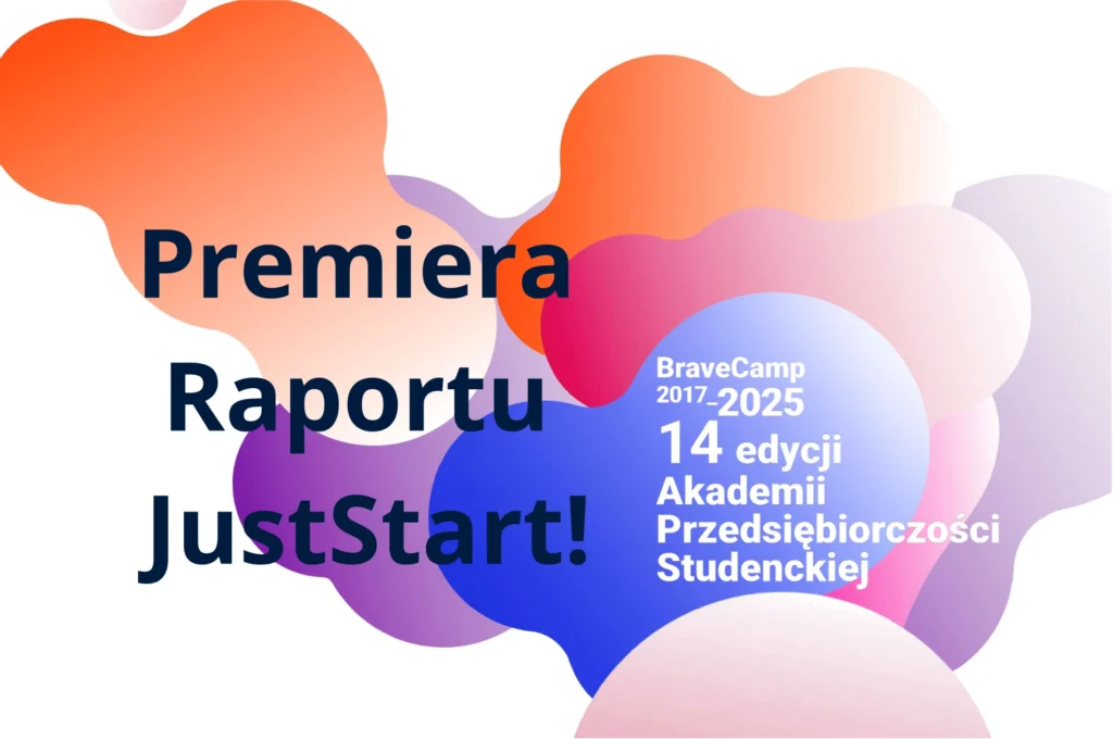 Ciemny napis na kolorowym tle: Premiera Raportu JustStart! oraz biały napis: BraveCamp 2017–2025 14 edycji Akademii Przedsiębiorczości Studenckiej