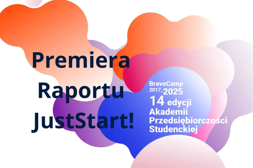 Ciemny napis na kolorowym tle: Premiera Raportu JustStart! oraz biały napis: BraveCamp 2017–2025 14 edycji Akademii Przedsiębiorczości Studenckiej