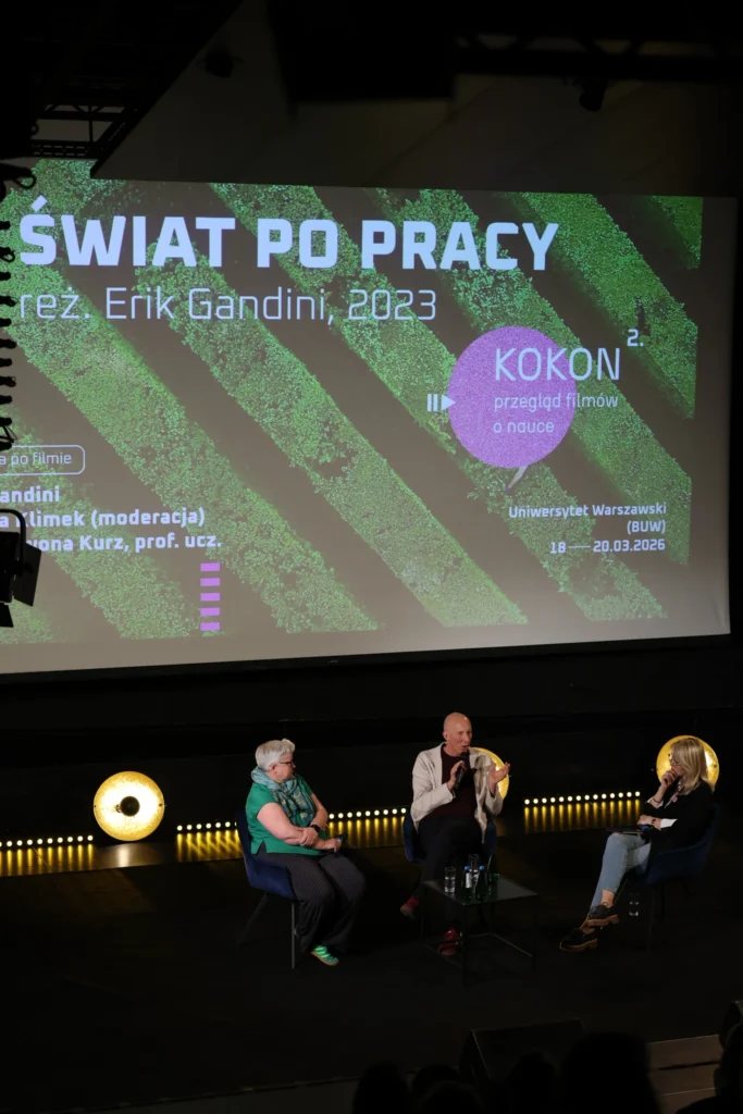 Dyskusja po filmie Świat po pracy. Od lewej: prof. Iwona Kurz, Erik Gandini, Kaja Klimek